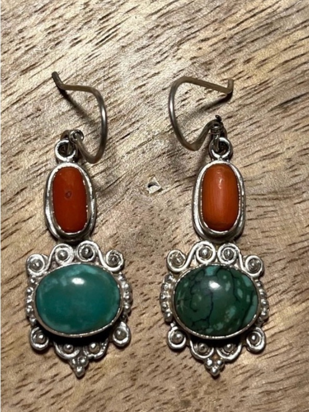 Turquoise & Coral 925 Sterling Silver Dangle Earrings